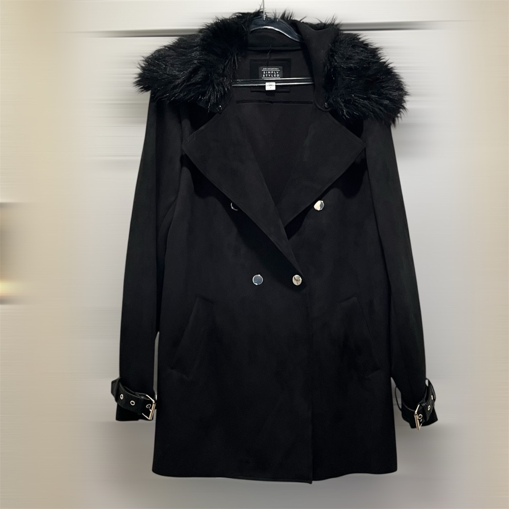 Cozy Black Sz L Warm Chic Winter Faux Suede & Fur Removable Collar Buckle Detail